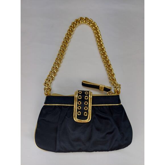 Nine West Y2K Black With Gold Chain Small Silk Cocktail Evening Handbag Purse - Picture 4 of 8